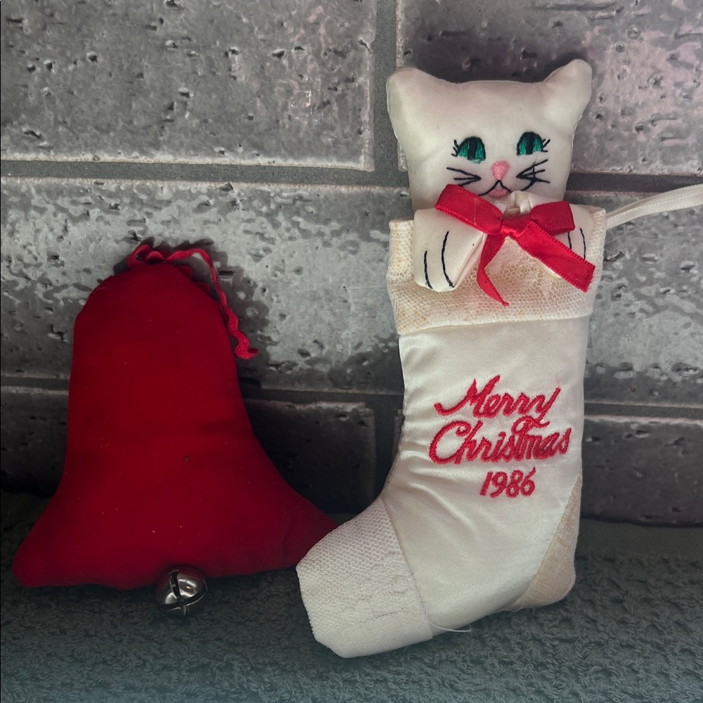 Christmas Cat Stocking with Red Bow and Bell Ornaments